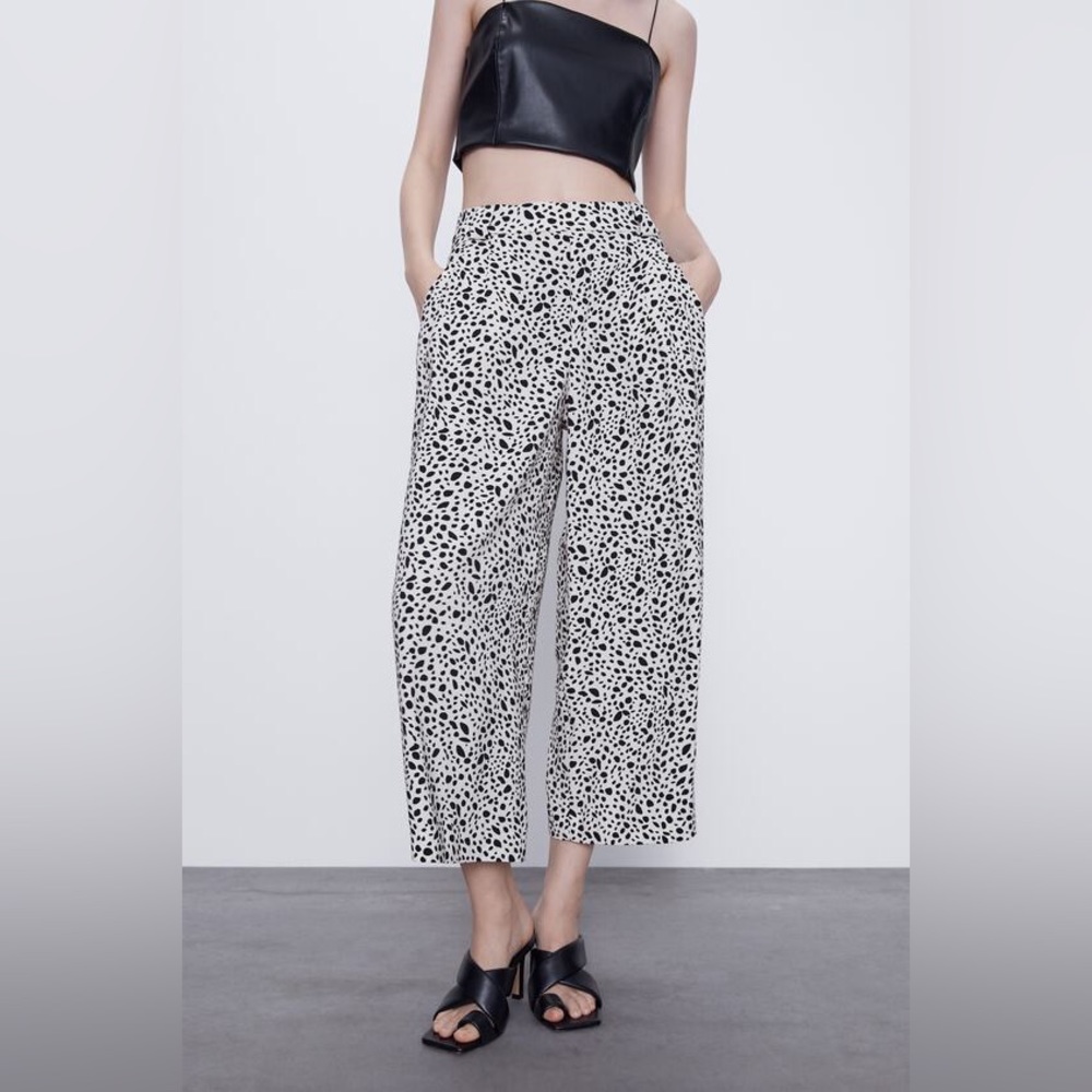 Zara Elastic Waist Pleated Animal Print Wide Leg Cropped Culotte Pants Size L